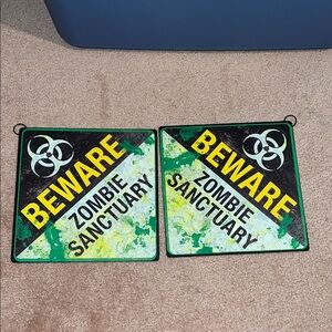 NWT 2 beware zombie sanctuary hazard mini squat metal signs
